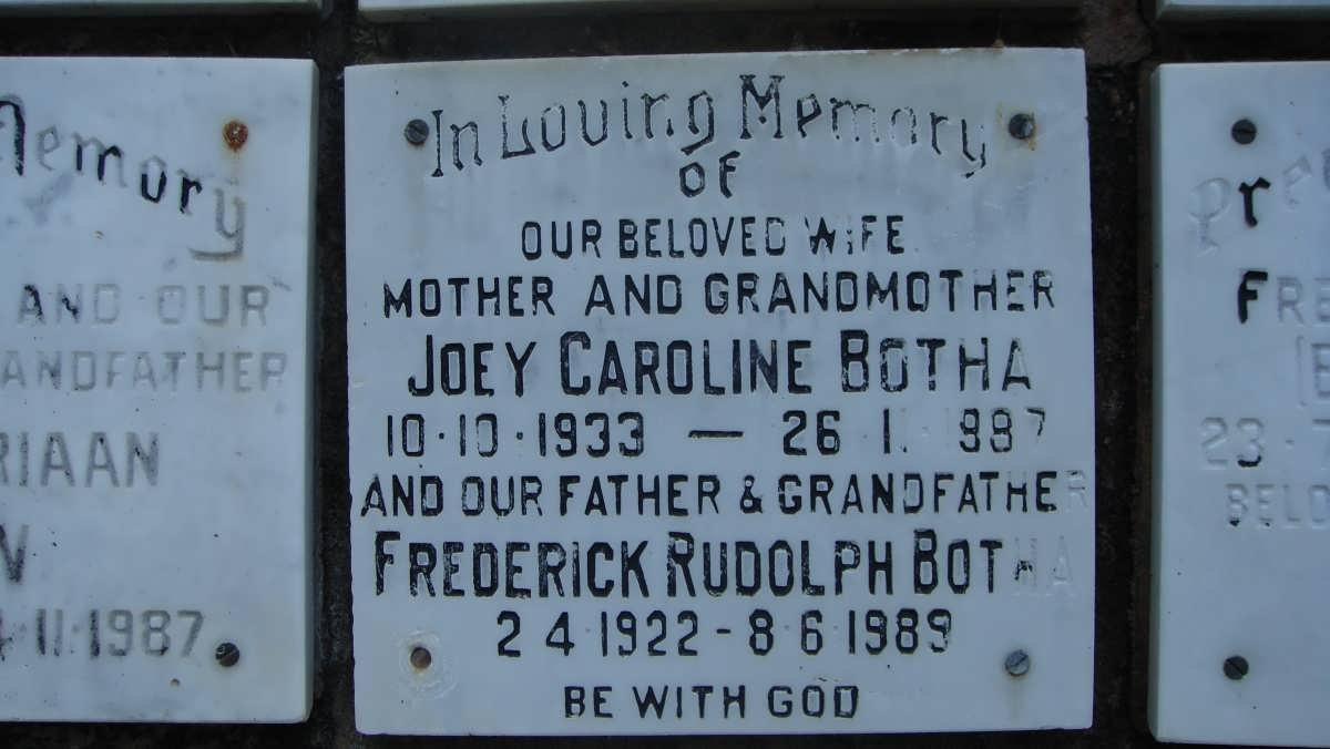 BOTHA Frederick Rudolph 1922-1989 &amp; Joey Caroline 1933-1987