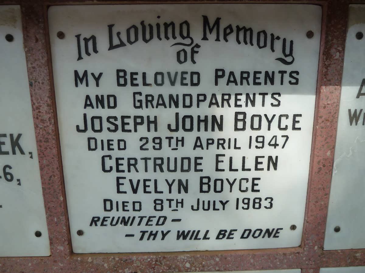 BOYCE Joseph John -1947 &amp; Gertrude Ellen Evelyn -1983