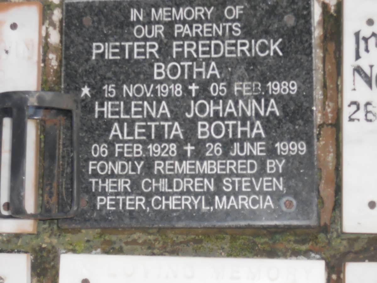 BOTHA Pieter Frederick 1918-1989 &amp; Helena Johanna Aletta 1928-1999