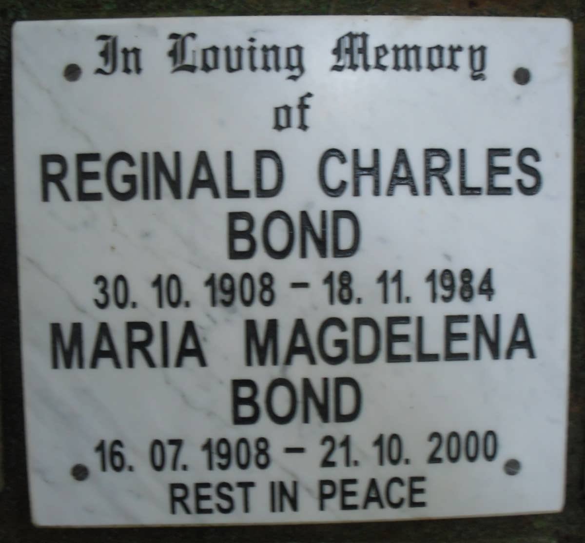 BOND Reginald Charles 1908-1984 &amp; Maria Magdelena 1908-2000