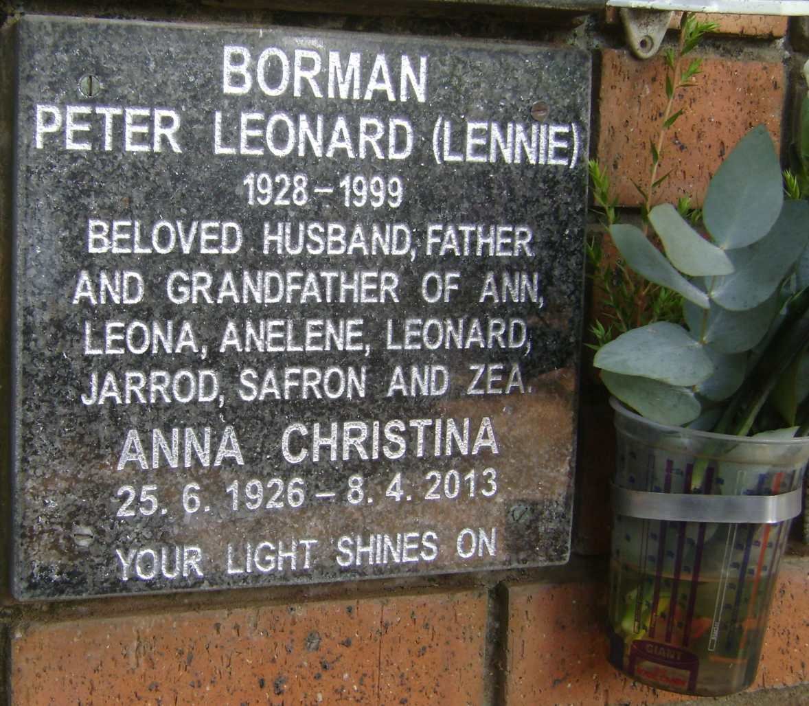 BORMAN Peter Leonard 1928-1999 &amp; Anna Christina 1926-2013