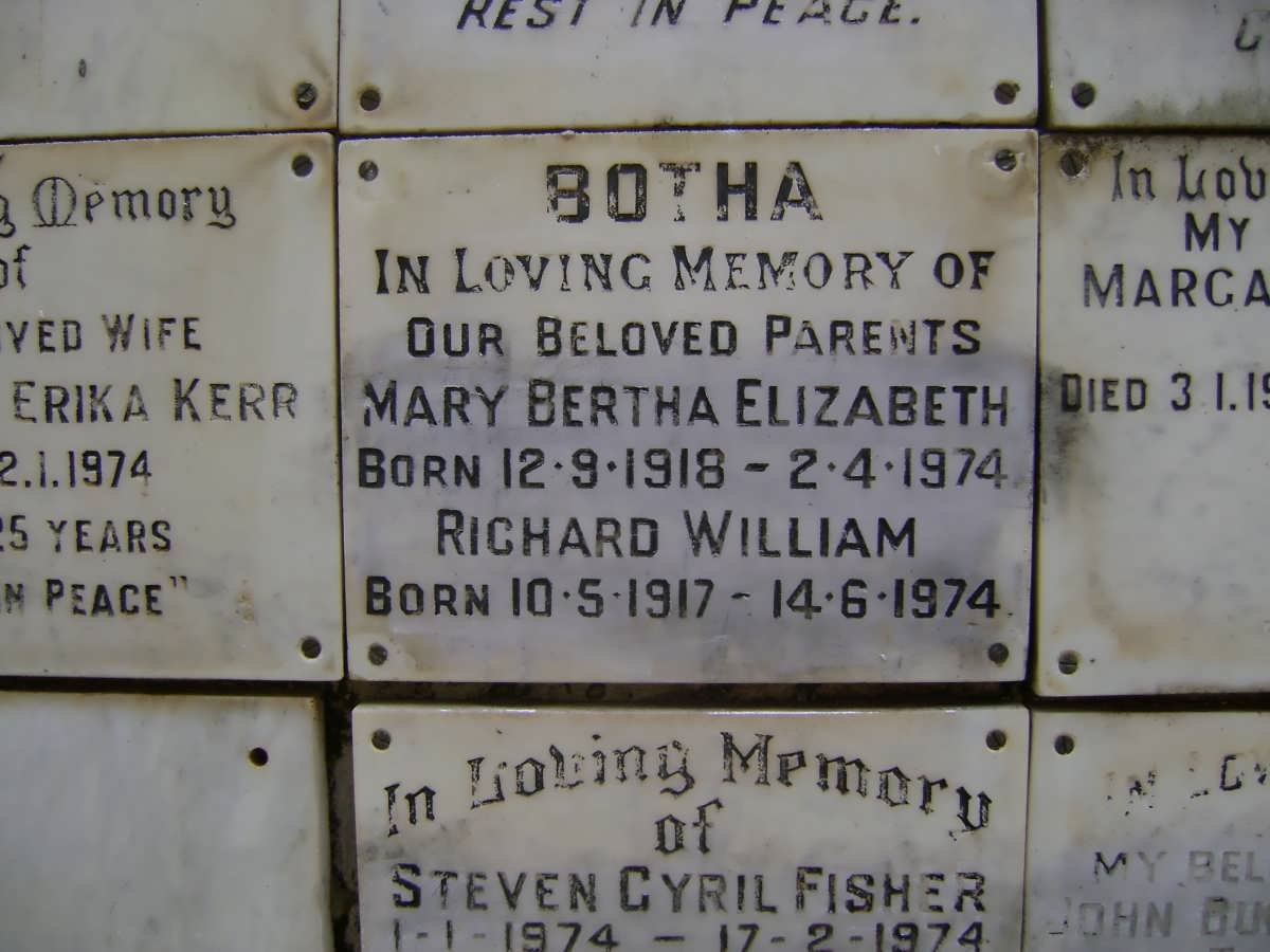 BOTHA Richard William 1917-1974 &amp; Mary Bertha Elizabeth 1918-1974