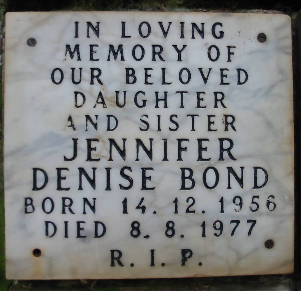 BOND Jennifer Denise 1956-1977