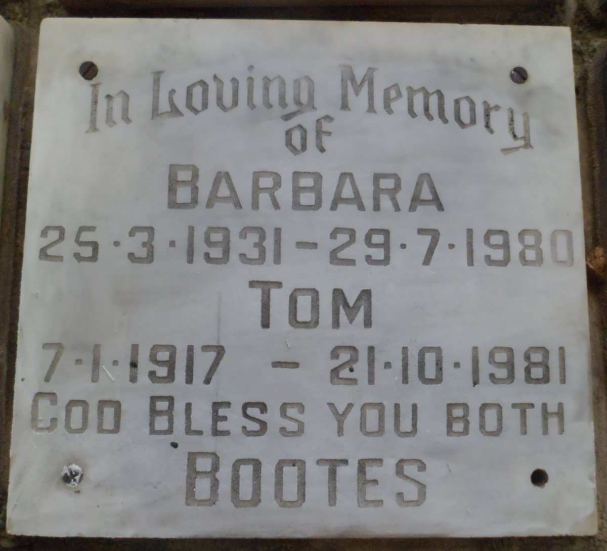 BOOTES Tom 1917-1981 &amp; Barbara 1931-1980