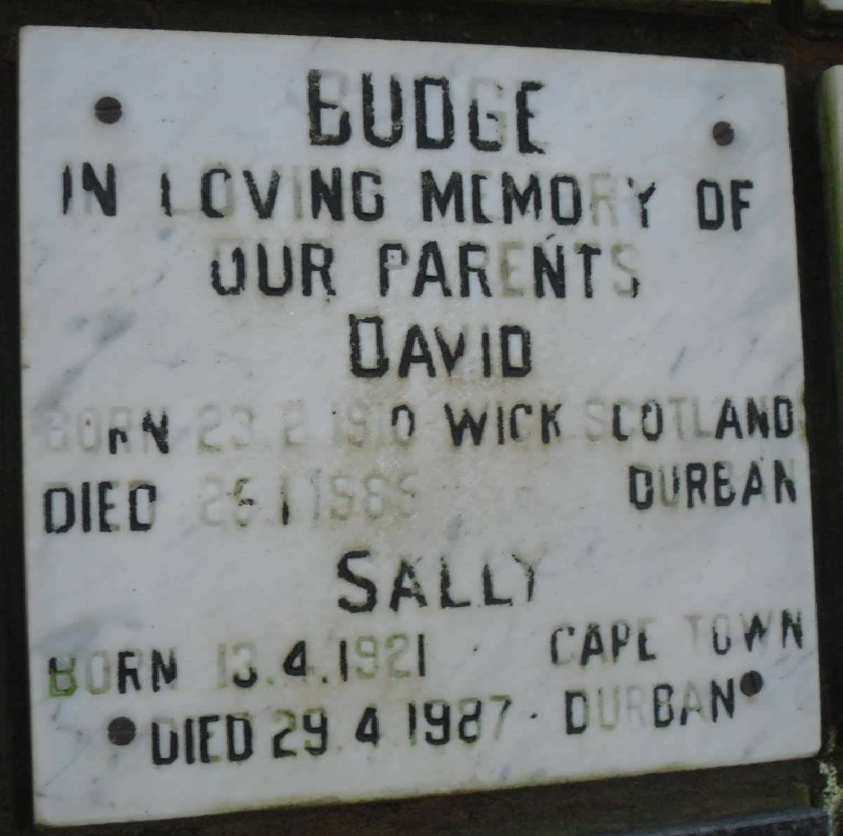 BUDGE David 1910-1985 &amp; Sally 1921-1987