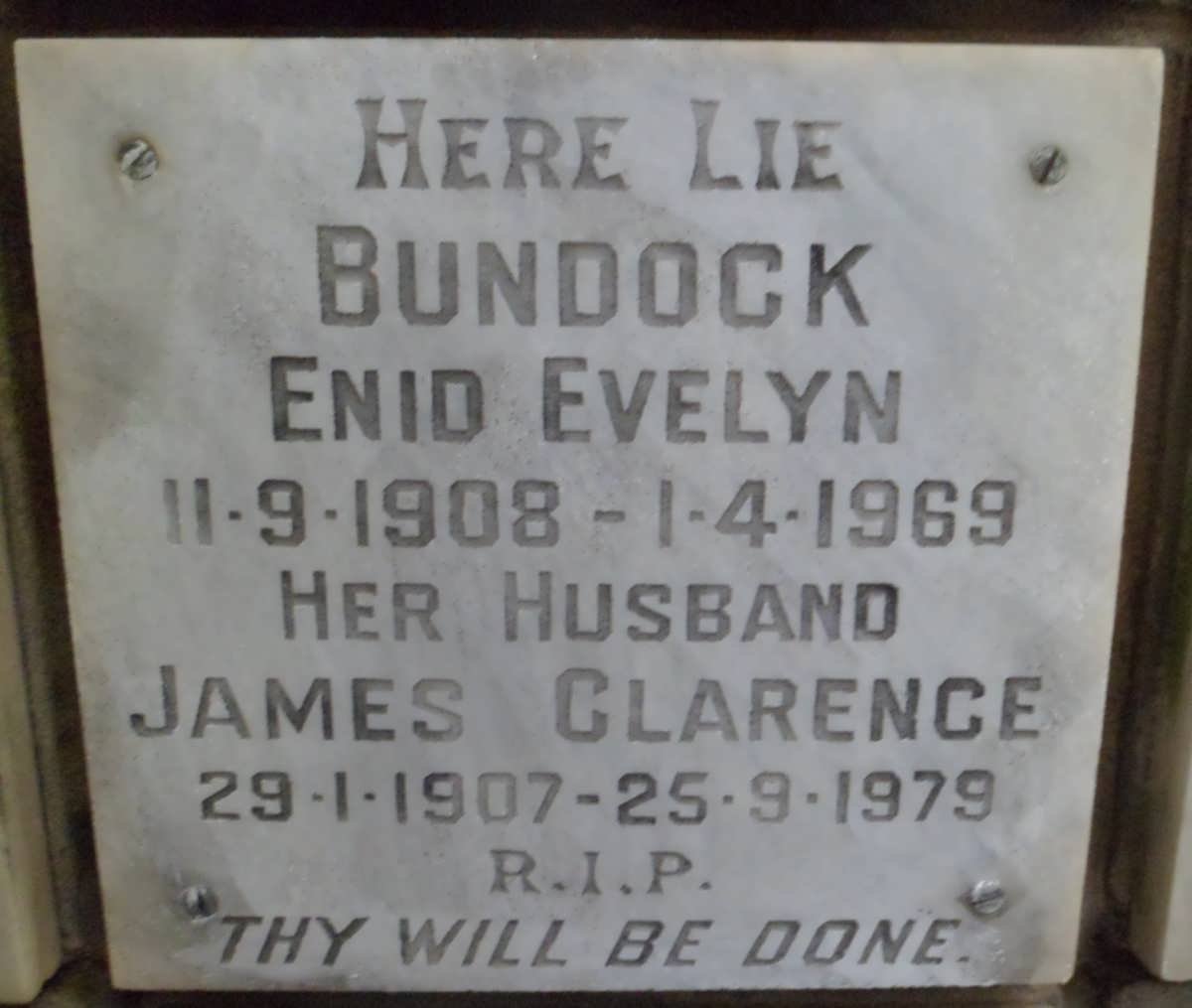 BUNDOCK James Clarence 1907-1979 &amp; Enid Evelyn 1908-1969