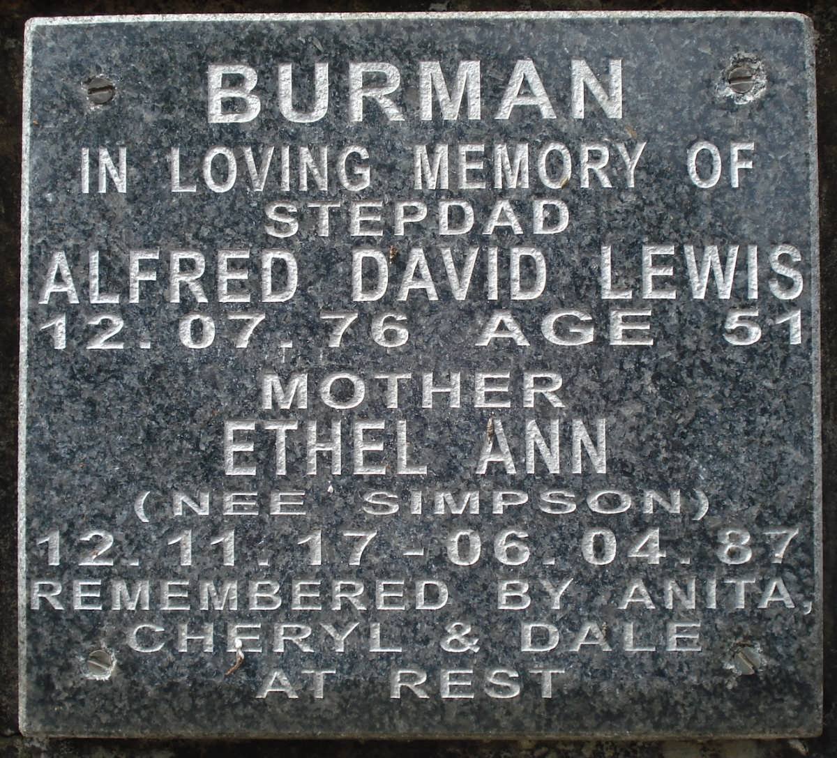 BURMAN Alfred David Lewis -1976 &amp; Ethel Ann SIMPSON 1917-1987