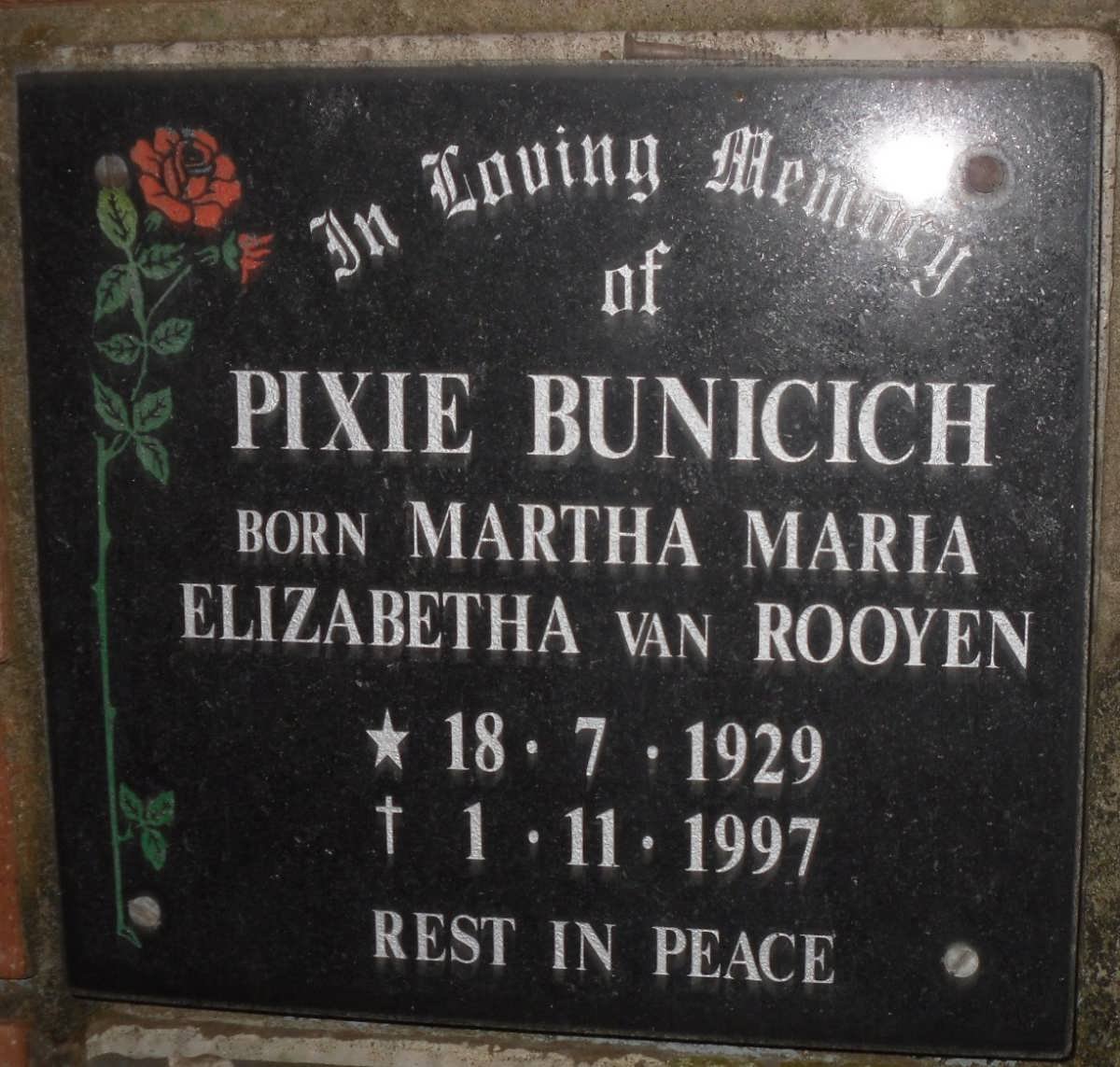 BUNICICH Martha Maria Elizabetha nee VAN ROOYEN 1929-1997