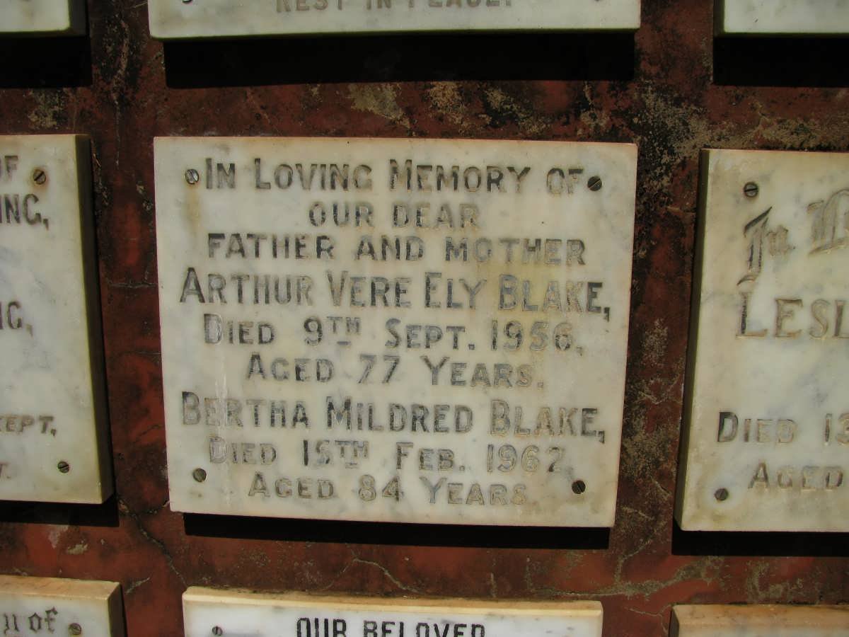 BLAKE Arthur Vere Ely -1956 &amp; Bertha Mildred -1962