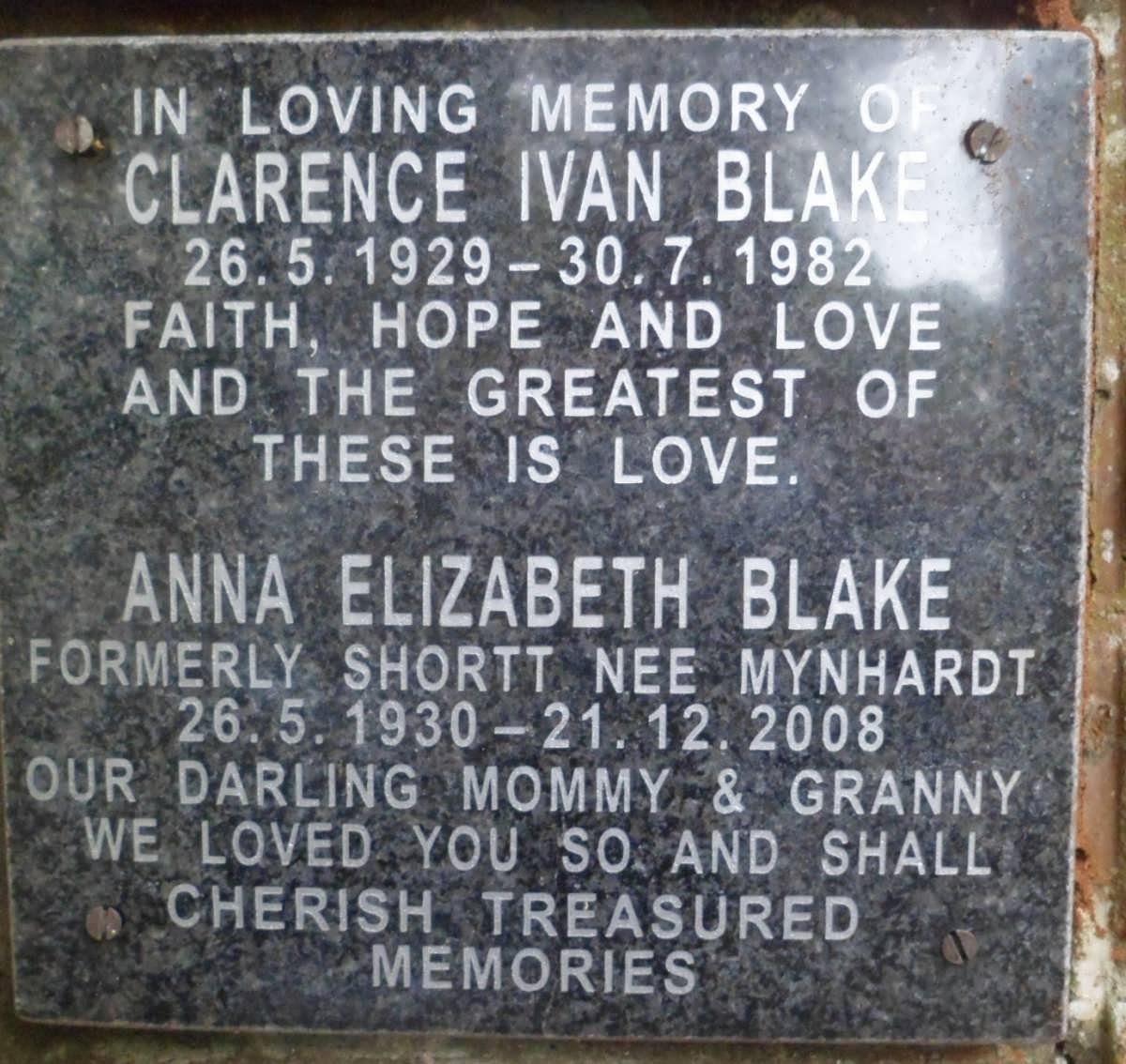BLAKE Clarence Ivan 1929-1982 &amp; Anna Elizabeth MYNHARDT formerly SHORT 1930-2008