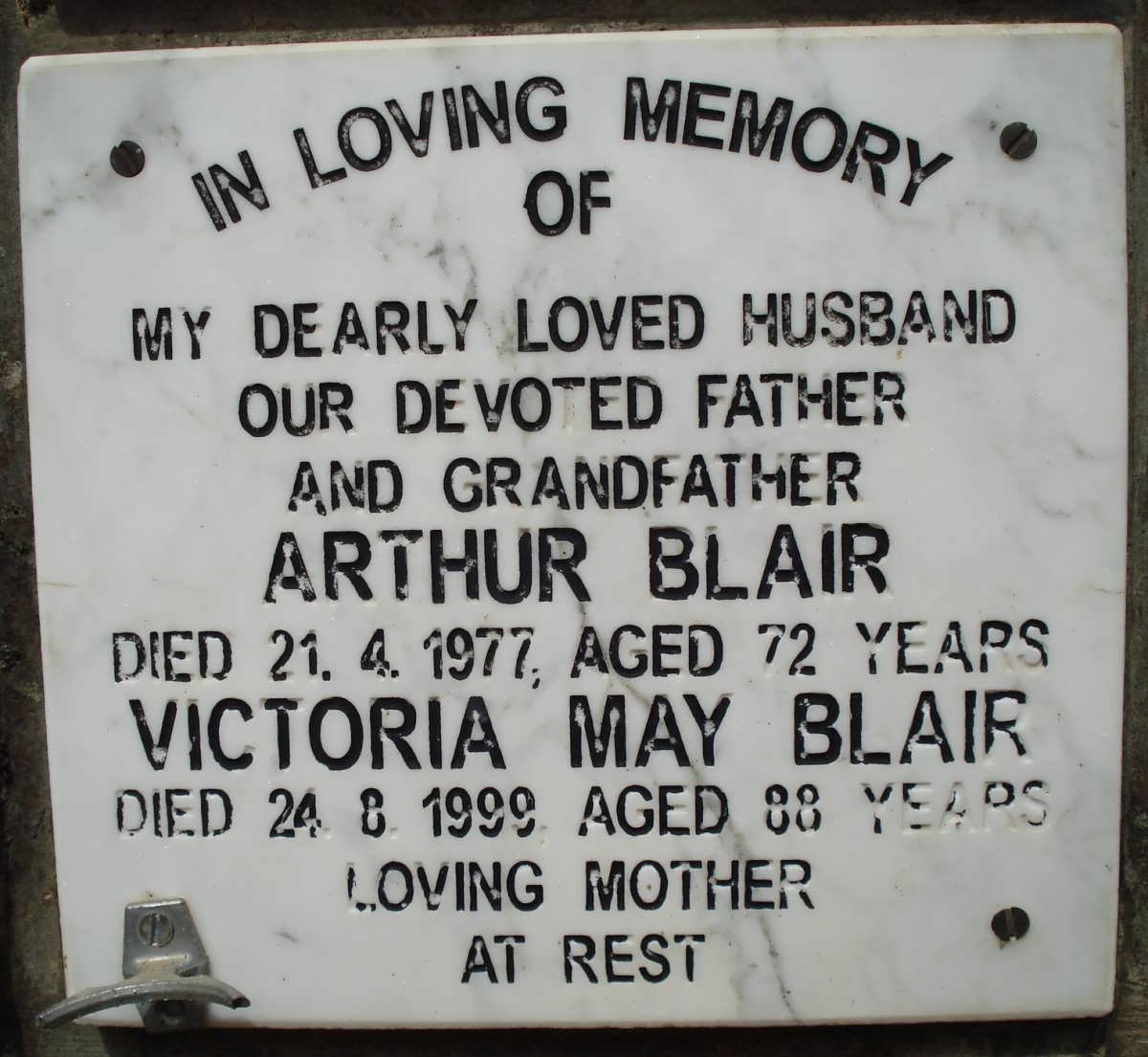 BLAIR Arthur -1977 &amp; Victoria May -1999