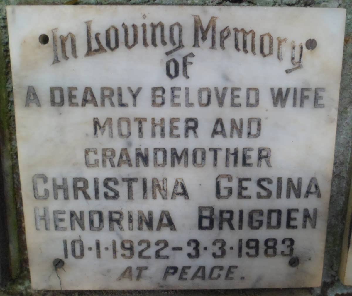 BRIGDEN Christina Gesina Hendrina 1922-1983