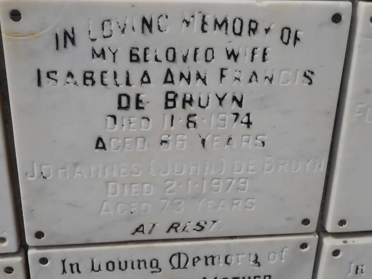 BRUYN Johannes, de -1979 &amp; Isabella Ann Francis -1974