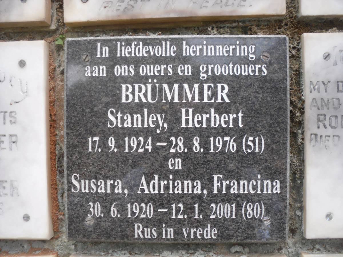 BRÜMMER Stanley Herbert 1924-1976 &amp; Susara Adriana Francina 1920-2001