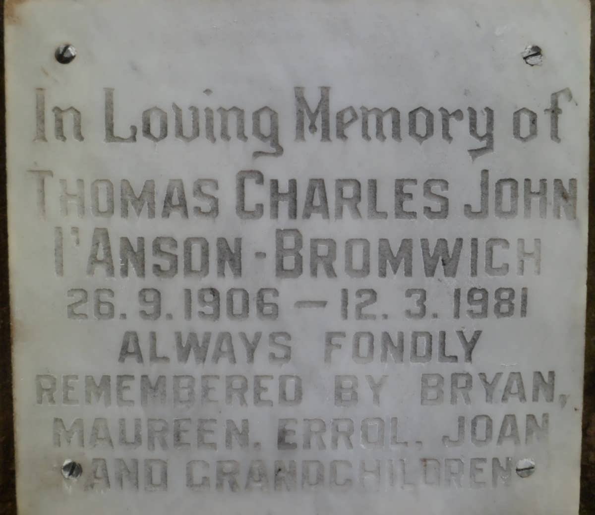 BROMWICH Thomas Charles John, I'ANSON 1906-1981