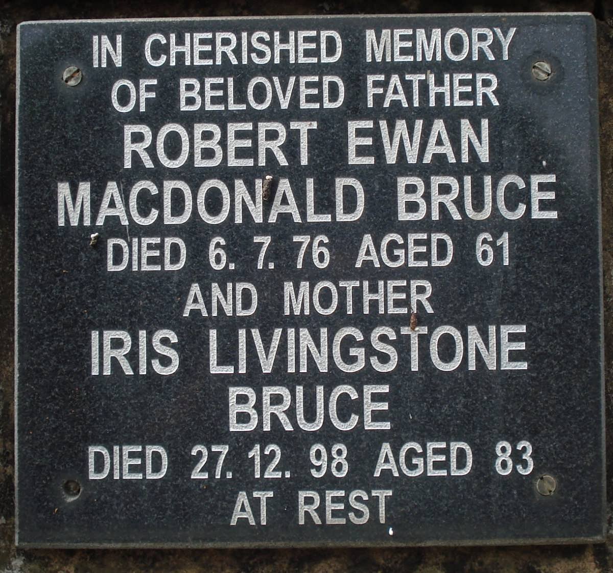 BRUCE Robert Ewan Macdonald -1976 &amp; Iris Livingstone -1998