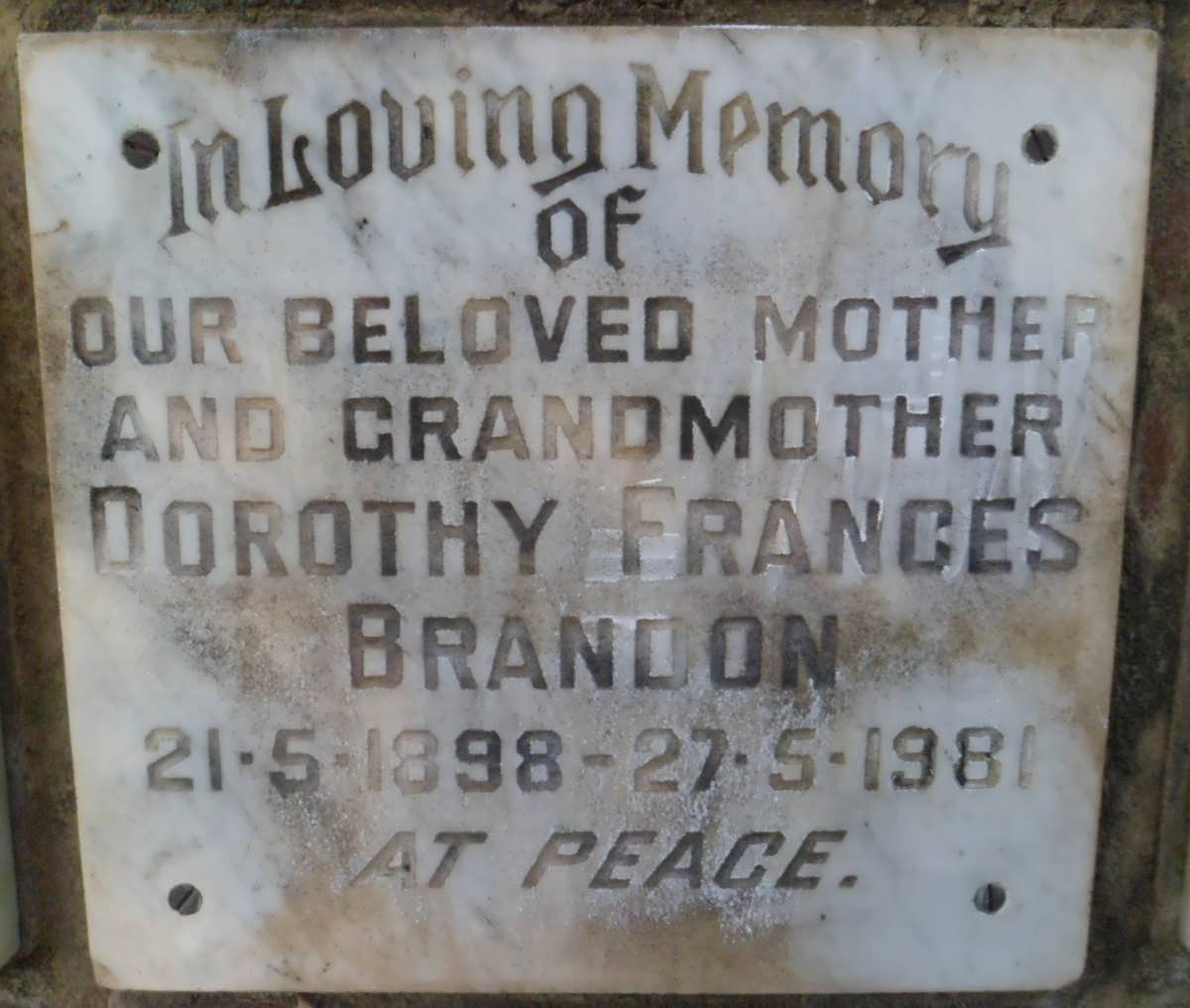 BRANDON Dorothy Frances 1898-1981