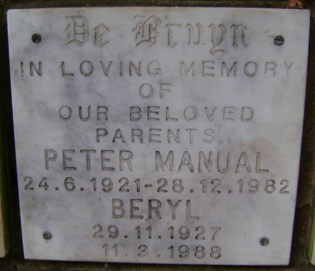 BRUYN Peter Manual, de 1921-1982 &amp; Beryl 1927-1988