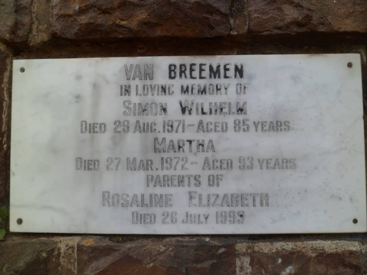 BREEMEN Simon Wilhelm, van -1971 &amp; Martha -1972 :: BREEMEN Rosaline Elizabeth, van -1993