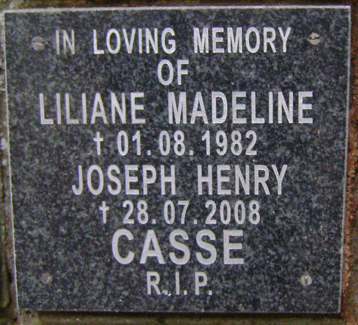 CASSE Joseph Henry -2008 &amp; Liliane Madeline -1982