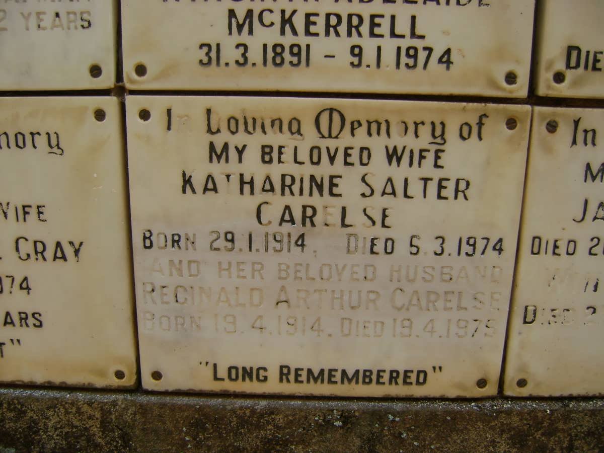 CARELSE Reginald Arthur 1914-1975 &amp; Katharine Salter 1914-1974