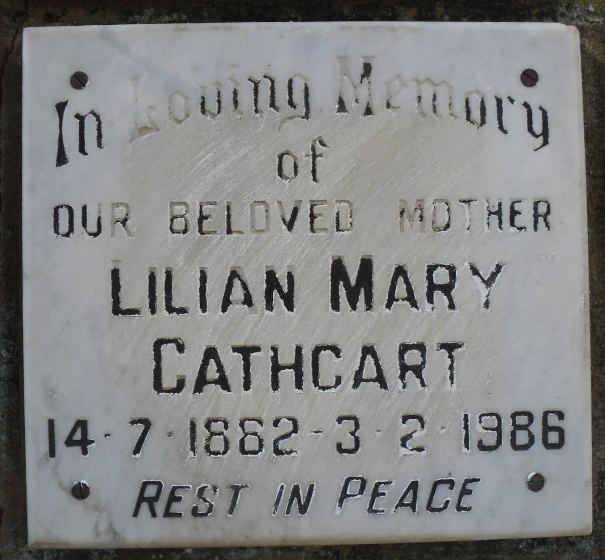 CATHCART Lilian Mary 1882-1986