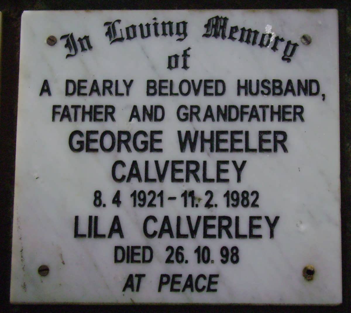 CALVERLEY George Wheeler 1921-1982 &amp; Lila -1998