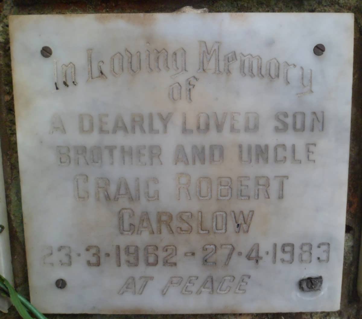CARSLOW Craig Robert 1962-1983