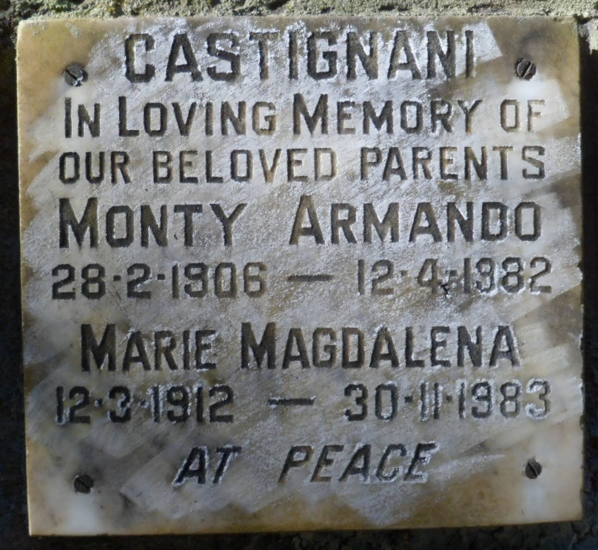 CASTIGNANI Monty Armando 1906-1982 &amp; Marie Magdalena 1912-1983