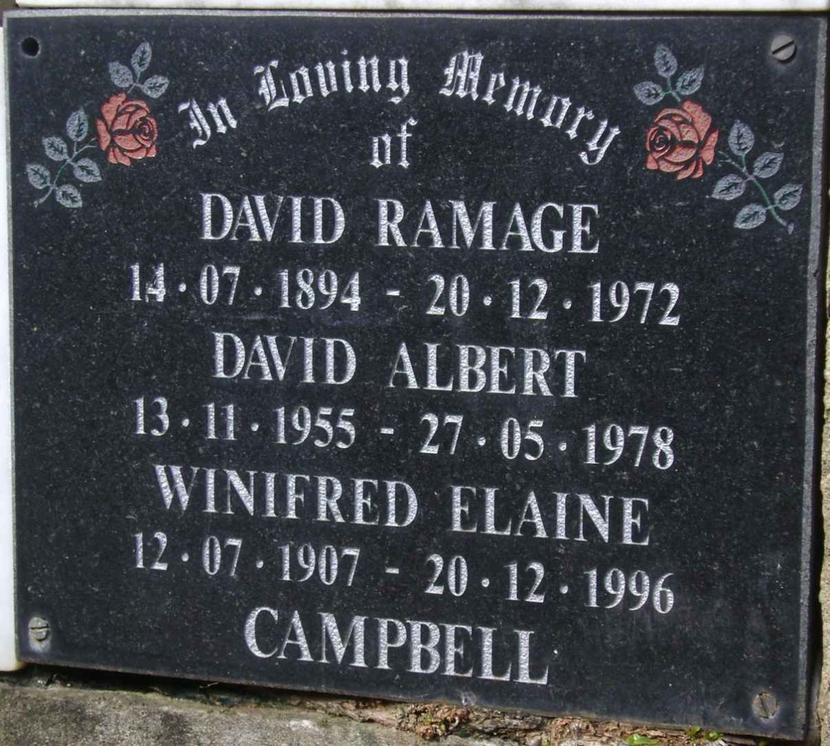 CAMPBELL David Ramage 1894-1972 :: CAMPBELL Winifred Elaine 1907-1996 :: CAMPBELL David Albert 1955-1978