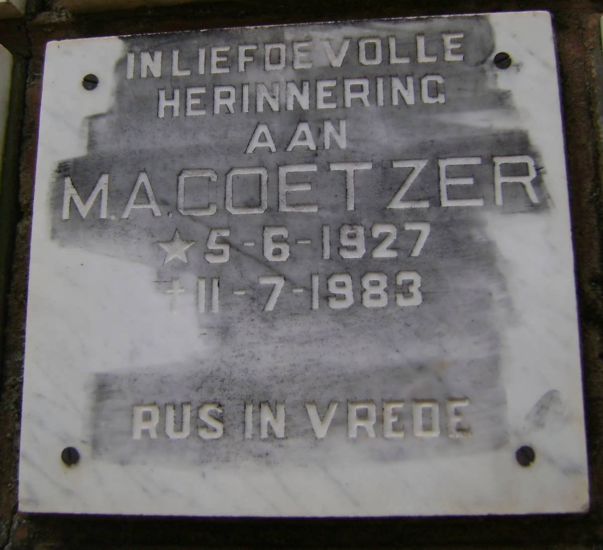 COETZER M.A. 1927-1983