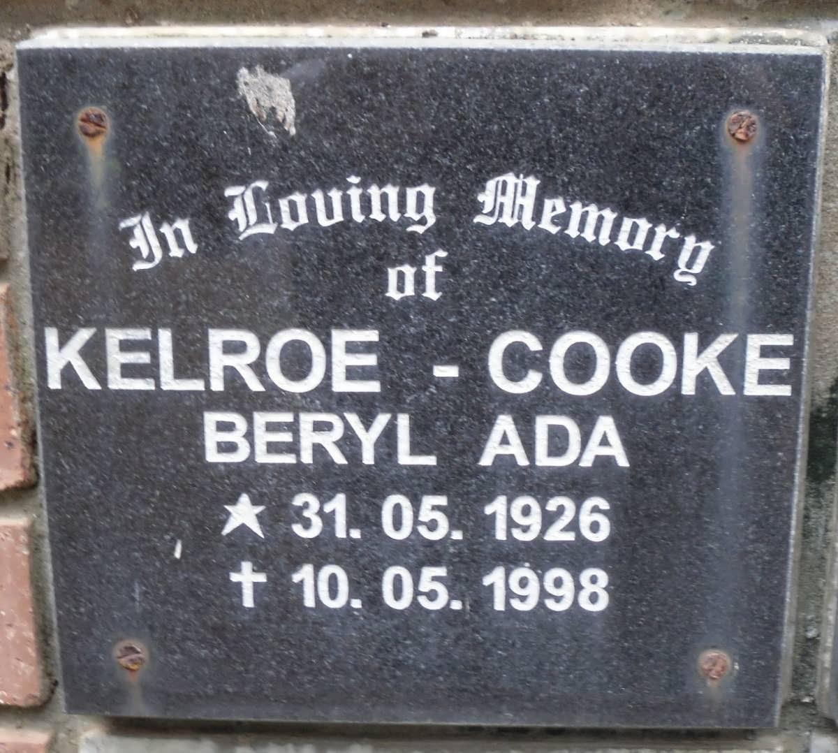 COOKE Beryl Ada, Kelroe 1926-1998