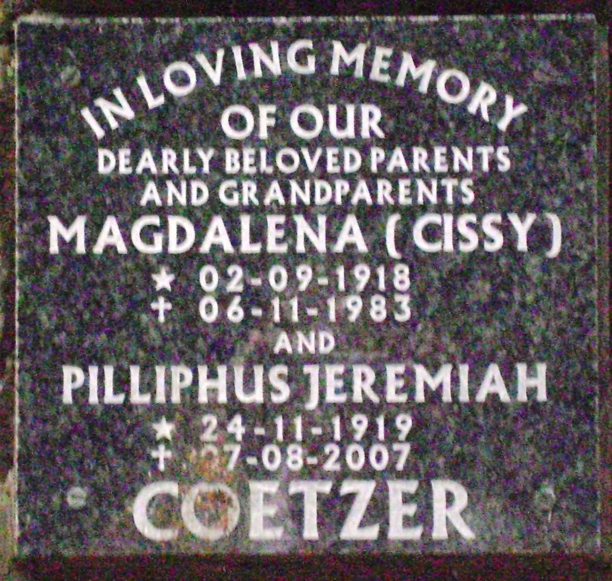 COETZER Pilliphus Jeremiah 1919-2007 &amp; Magdalena 1918-1983