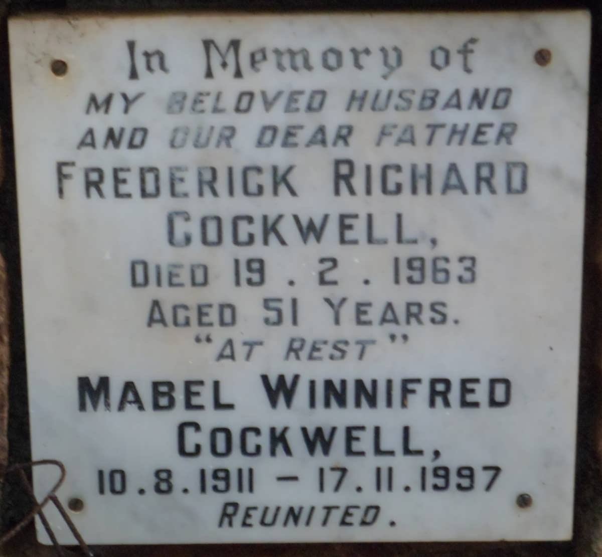 COCKWELL Frederick Richard -1963 &amp; Mabel Winnifred -1911-1997