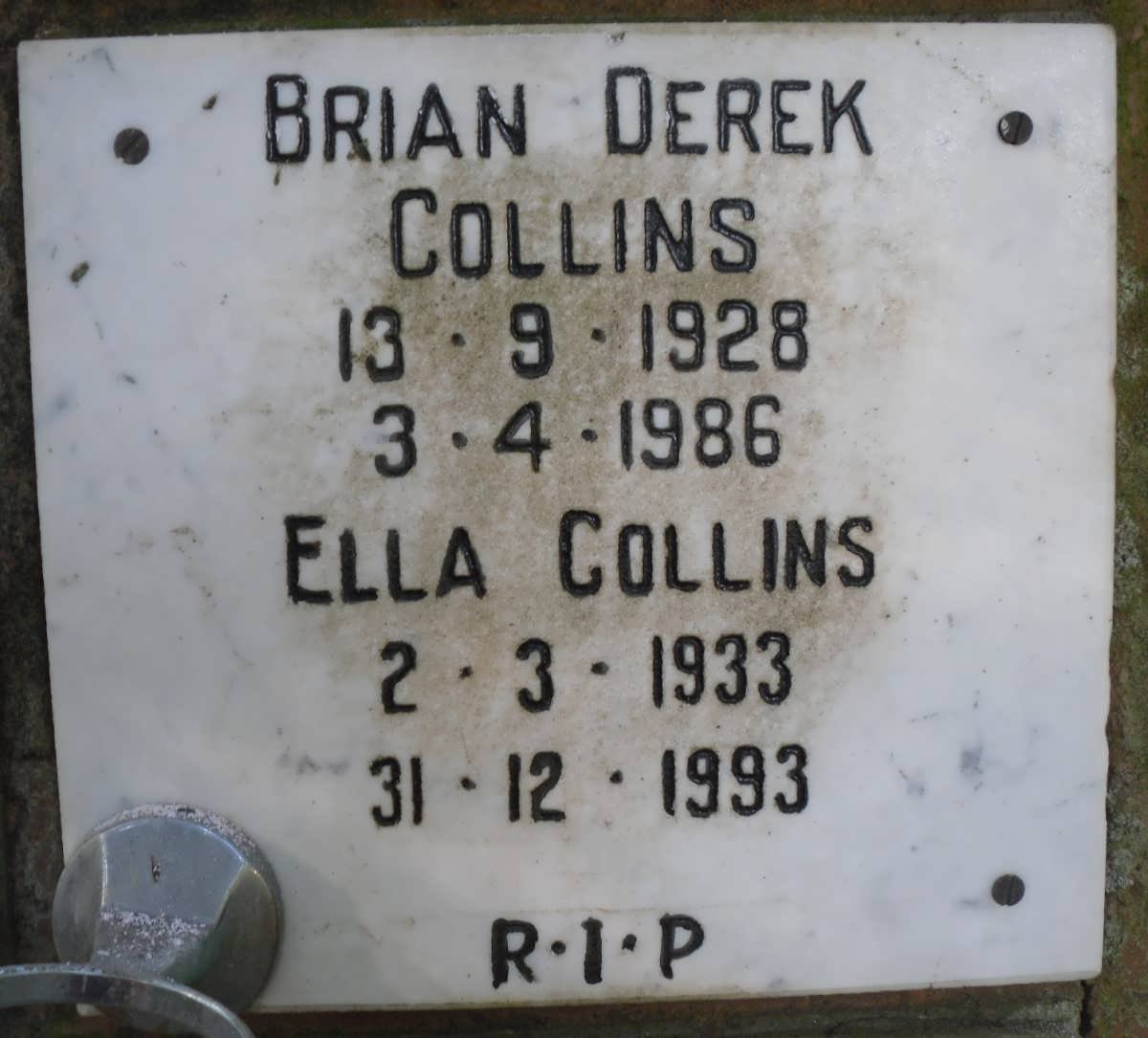 COLLINS Brian Derek 1928-1986 &amp; Ella 1933-1993