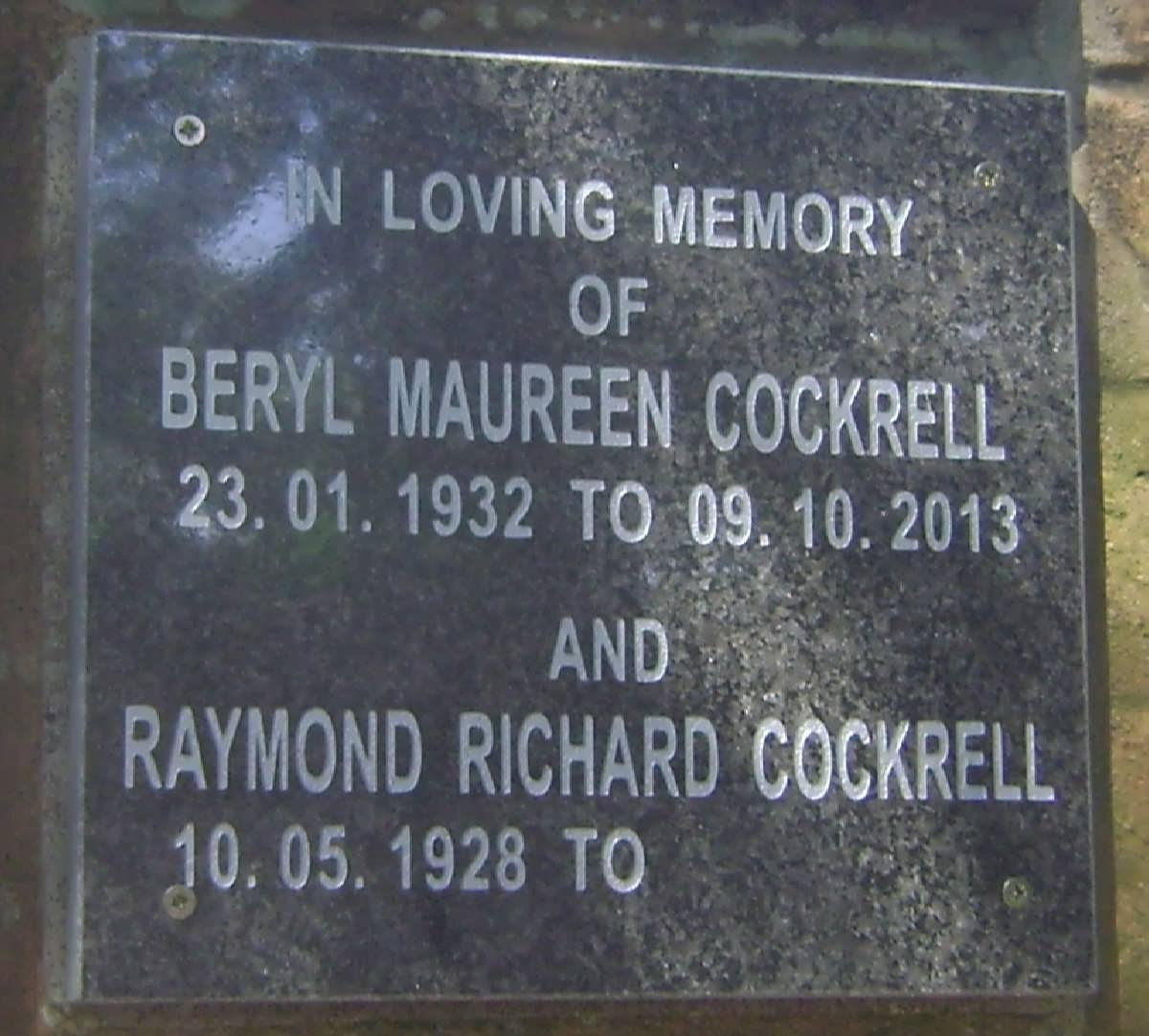 COCKRELL Raymond Richard 1928-  &amp; Beryl Maureen 1932-2013
