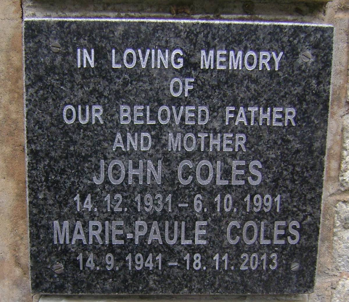 COLES John 1931-1991 &amp; Marie-Paule 1941-2013