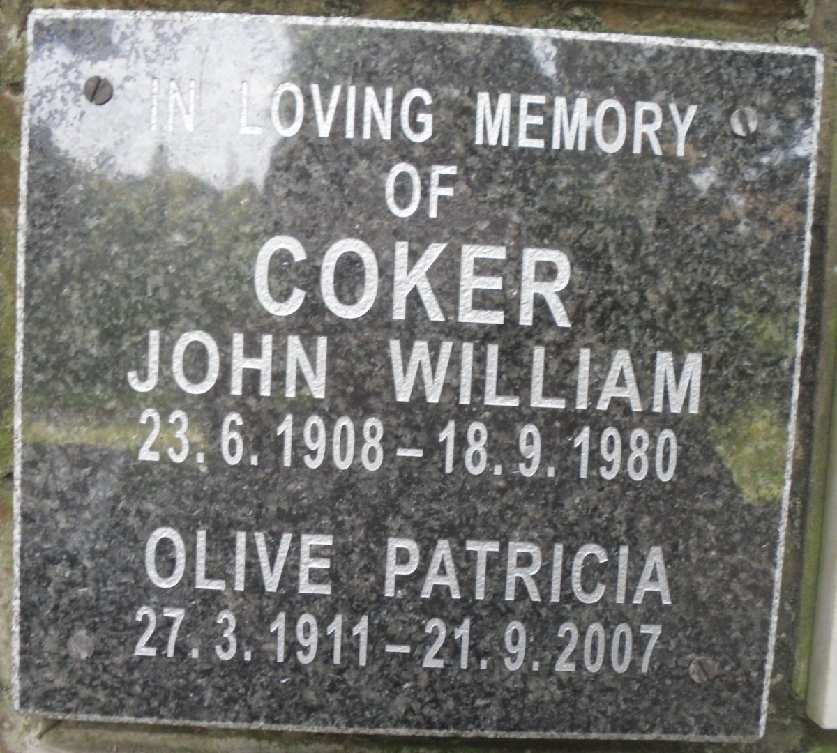 COKER John William 1908-1980 &amp; Olive Patricia 1911-2007