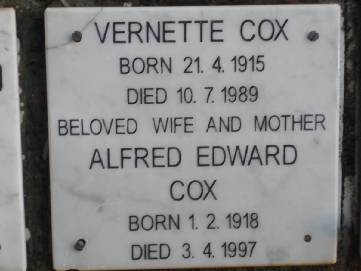 COX Alfred Edward 1918-1997 &amp; Vernette 1915-1989