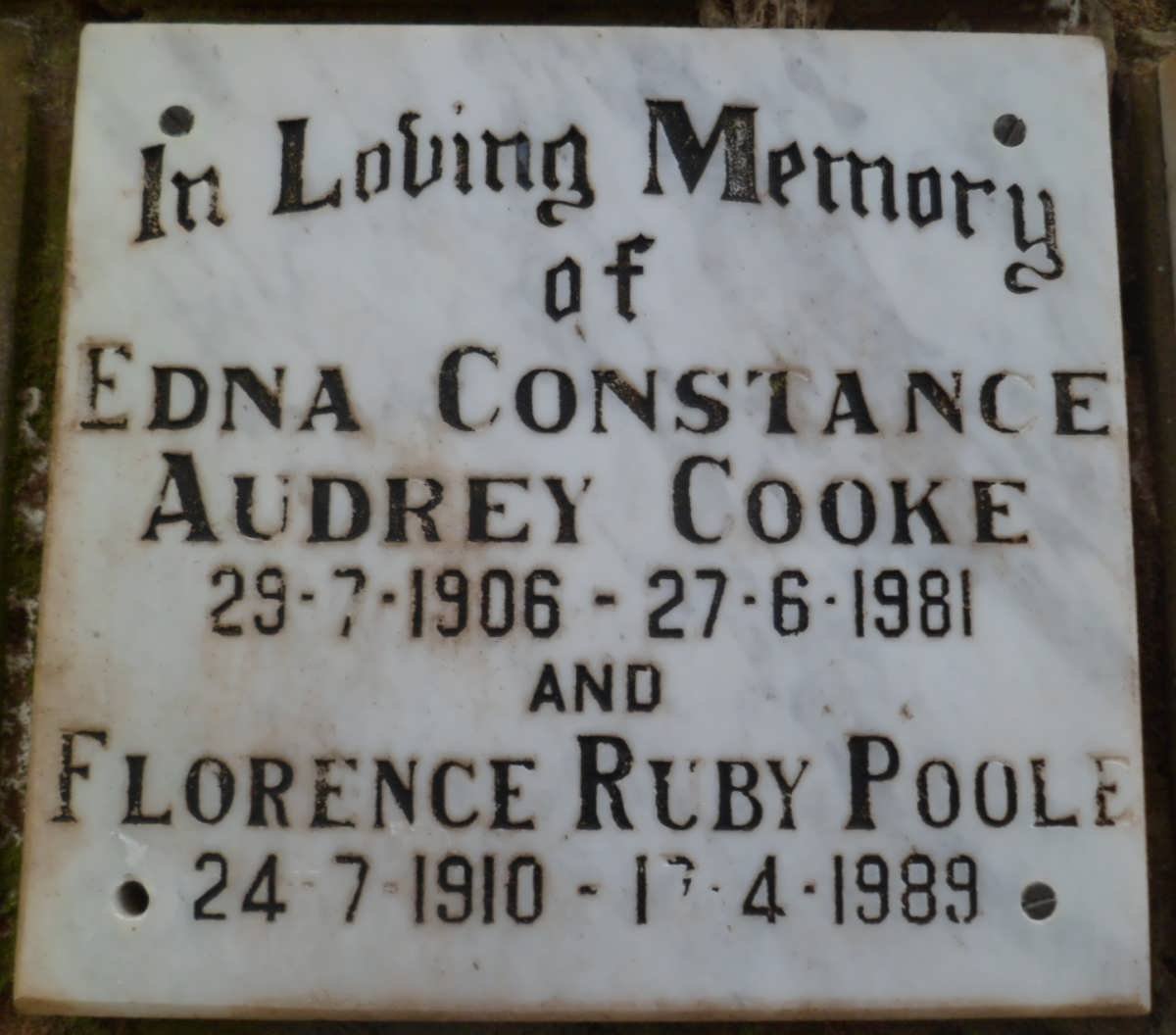 COOKE Edna Constance Audrey 1906-1981 :: POOLE Florence Ruby 1910-1989