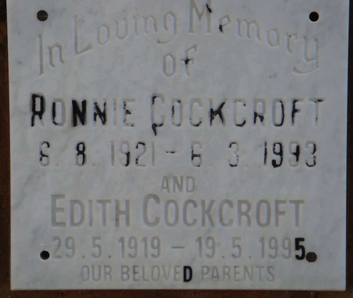 COCKROFT Ronnie 1921-1993 &amp; Edith 1919-1995