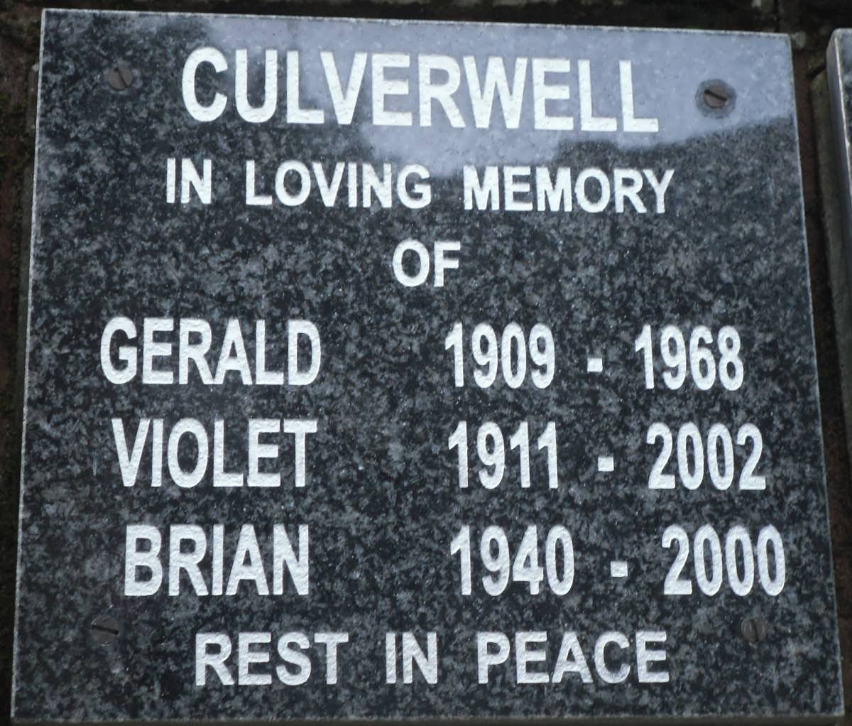 CULVERWELL Gerald 1909-1968 :: CULVERWELL Violet 1911-2002 :: CULVERWELL Brian 1940-2000