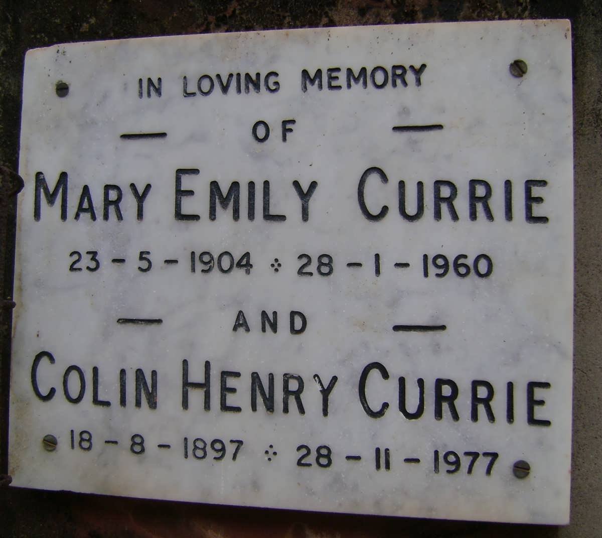 CURRIE Colin Henry 1897-1977 &amp; Mary Emily 1904-1960