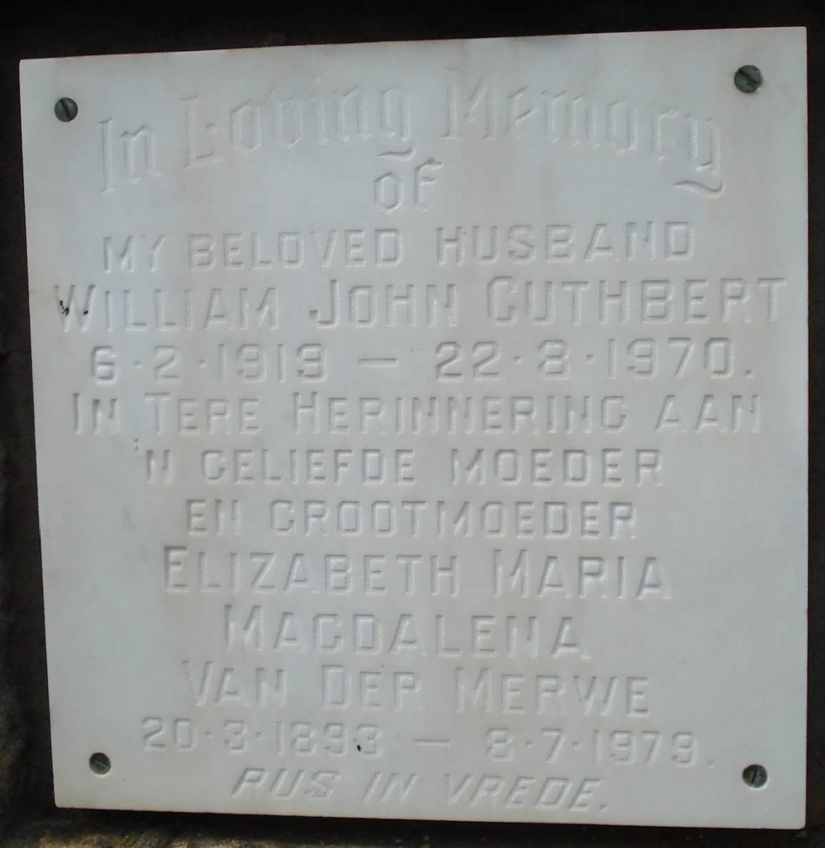 CUTHBERT William John 1919-1970 &amp; Elizabeth Maria Magdalena VAN DER MERWE 1893-1979