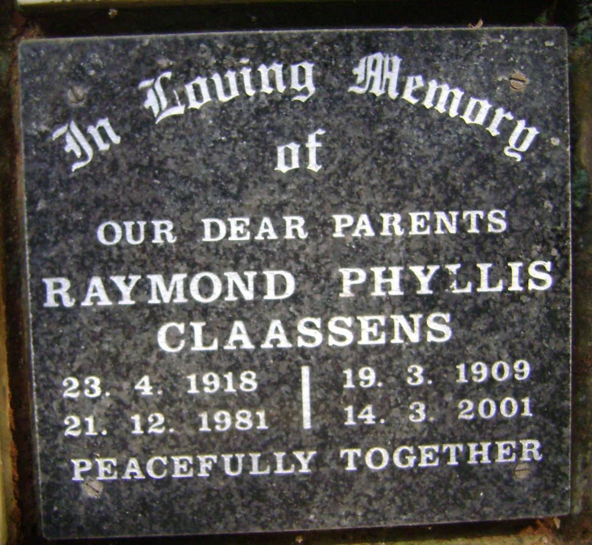CLAASSENS Raymond 1918-1981 &amp; Phyllis 1909-2001