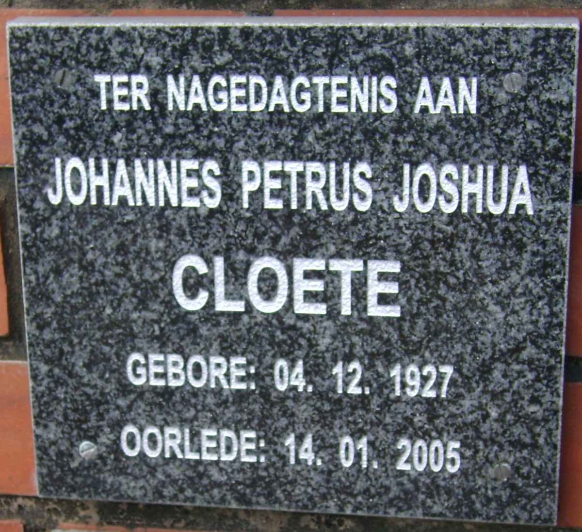 CLOETE Johannes Petrus Joshua 1927-2005