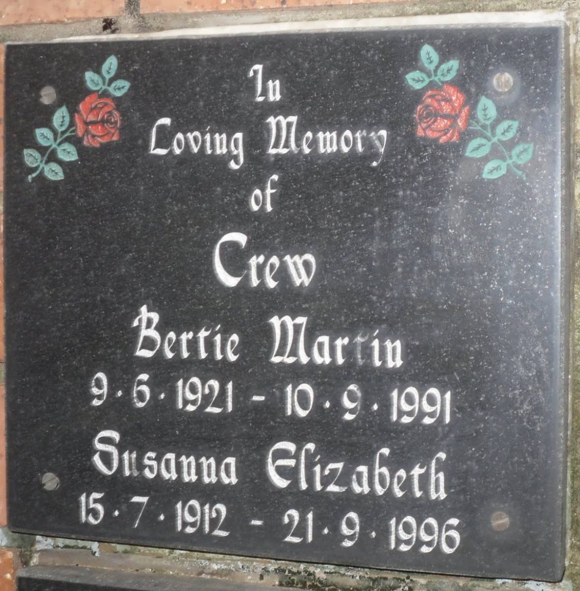 CREW Bertie Martin 1921-1991 &amp; Susanna Elizabeth 1912-1996