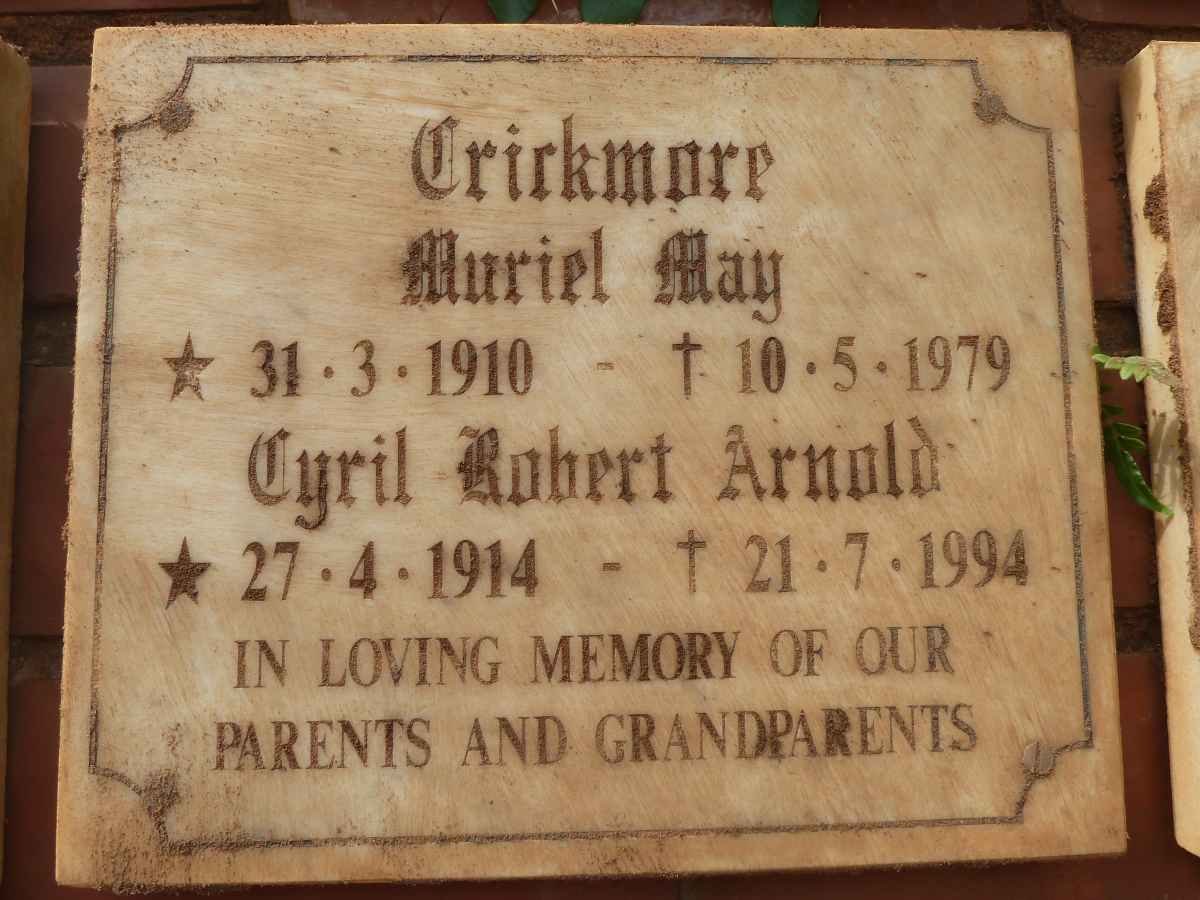 CRICKMORE Cyril Robert Arnold 1914-1994 &amp; Muriel May 1910-1979