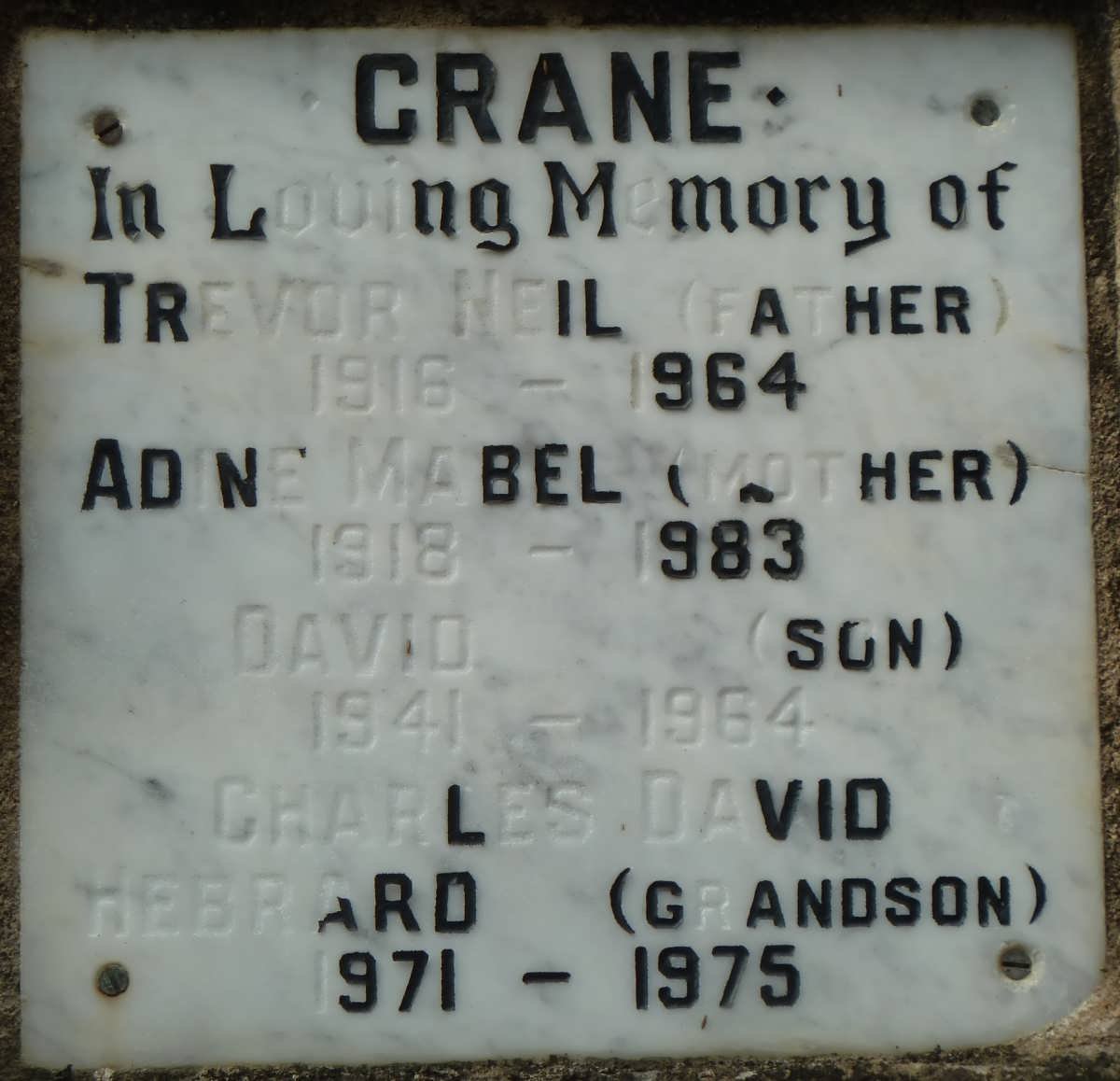 CRANE Trevor Neil 1916-1964 &amp; Adine Mabel 1918-1983 :: CRANE David 1941-1964 :: CRANE Charles David Hebrard 1971-1975