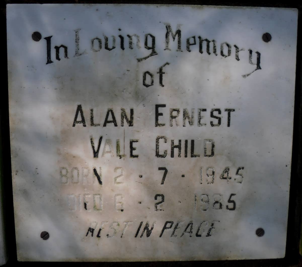 CHILD Alan Ernest Vale 1945-1985